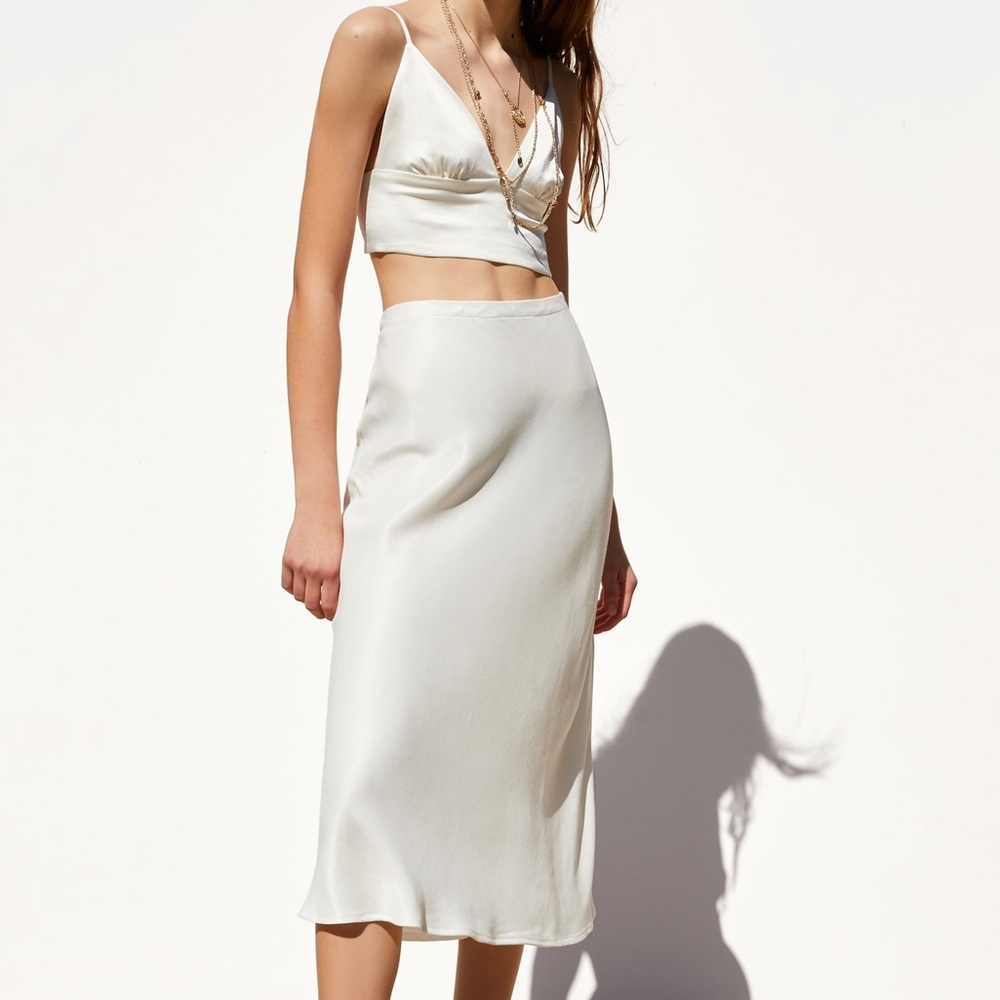 Zara Satin Midi Ivory Skirt
